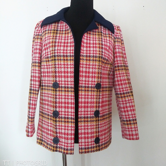 Vintage union made plaid double Knit open front jacket - Picture 1 of 12
